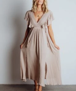 BB Custom Jennifer Deep V Maxi Dress | Sand