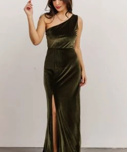 BB Custom Tatiana Velvet One Shoulder Maxi Dress | Olive Dresses