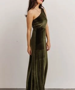 BB Custom Tatiana Velvet One Shoulder Maxi Dress | Olive Dresses