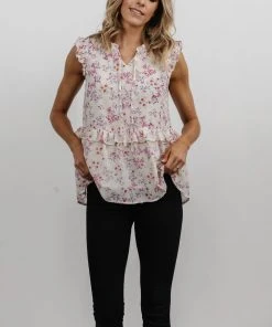 HAY Blossom Ruffle Top | Ivory Multi Floral Vacation