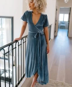 BB Custom Dresses Andi Ribbed Velvet Wrap Dress | Blue