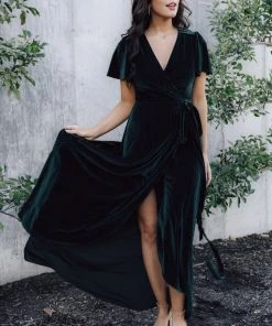 BB Custom Andi Ribbed Velvet Wrap Dress | Emerald