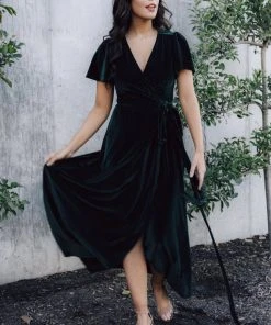 BB Custom Andi Ribbed Velvet Wrap Dress | Emerald