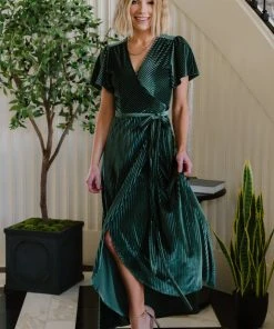BB Custom Dresses Andi Ribbed Velvet Wrap Dress | Green