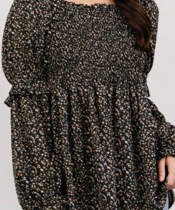 HAY Asha Smocked Boho Top | Black Floral Tops