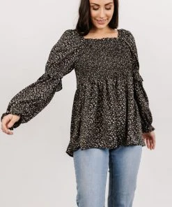 HAY Asha Smocked Boho Top | Black Floral Tops