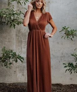 BB Custom Dresses Athena Pleated Maxi Dress | Bronze