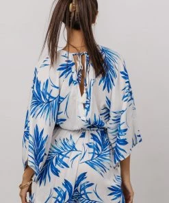 FT Banyan Kimono Romper | White + Blue Palm Print Boho