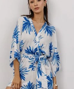 FT Banyan Kimono Romper | White + Blue Palm Print Boho