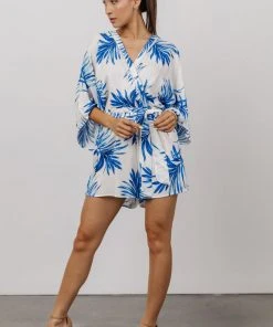 FT Banyan Kimono Romper | White + Blue Palm Print Boho