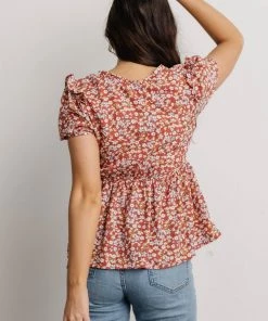 HAY Beatrix Smocked Top | Rust Floral Tops