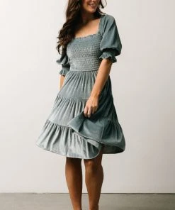 BB Custom Dresses Bliss Smocked Velvet Short Dress | Dusty Blue