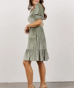 BB Custom Bliss Smocked Velvet Short Dress | Dusty Sage