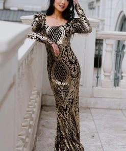 RR Budapest Sequin Gown | Black + Gold