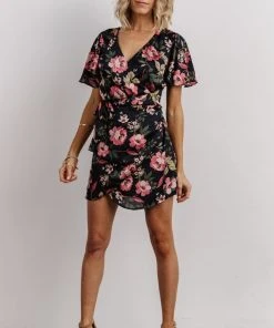 DF Dresses Calloway Wrap Mini Dress | Black + Pink Floral