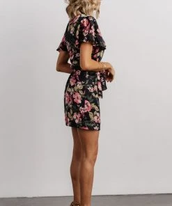 DF Dresses Calloway Wrap Mini Dress | Black + Pink Floral