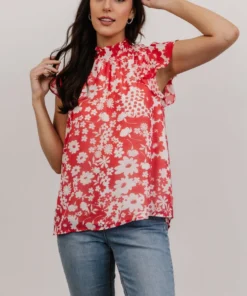 SL Chloe Mock Neck Top | Coral Floral Tops