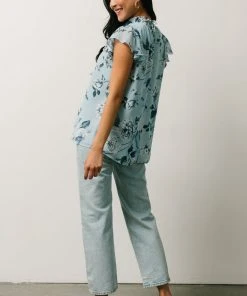 SL Chloe Mock Neck Top | Light Blue Floral Tops