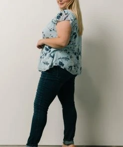 SL Chloe Mock Neck Top | Light Blue Floral Tops