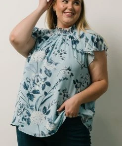 SL Chloe Mock Neck Top | Light Blue Floral Tops