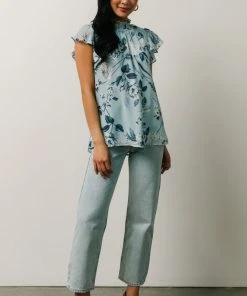 SL Chloe Mock Neck Top | Light Blue Floral Tops