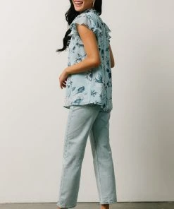 SL Chloe Mock Neck Top | Light Blue Floral Tops