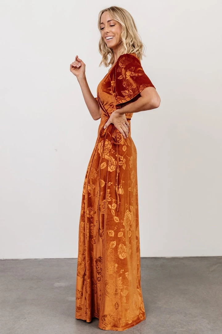 BB Custom Danielle Embossed Velvet Maxi Dress | Rust 2 BB Custom Danielle Embossed Velvet Maxi Dress | Rust