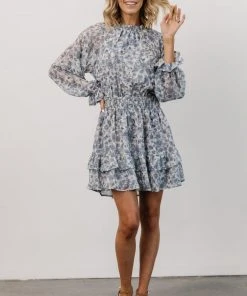 DF Dresses Delia High Neck Mini Dress | Dusty Blue Floral