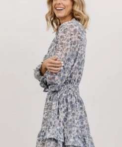 DF Dresses Delia High Neck Mini Dress | Dusty Blue Floral