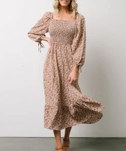 HAY Dell Smocked Midi Dress | Rust + Gray Floral Dresses
