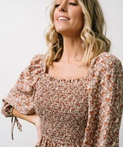 HAY Dell Smocked Midi Dress | Rust + Gray Floral Dresses