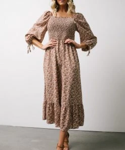 HAY Dell Smocked Midi Dress | Rust + Gray Floral Dresses