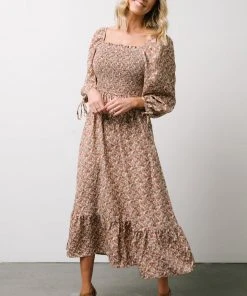 HAY Dell Smocked Midi Dress | Rust + Gray Floral Dresses