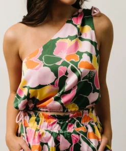 SL Emilia One Shoulder Crop Top | Pink + Green Floral Tops