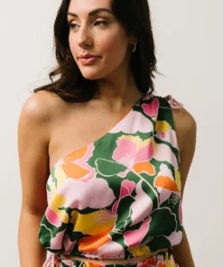 SL Emilia One Shoulder Crop Top | Pink + Green Floral Tops 13 SL Emilia One Shoulder Crop Top | Pink + Green Floral Tops