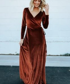 BB Custom Dresses Esmerelda Velvet Wrap Maxi Dress | Bronze