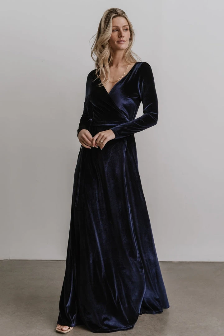 BB Custom Esmerelda Velvet Wrap Maxi Dress | Navy 1 BB Custom Esmerelda Velvet Wrap Maxi Dress | Navy