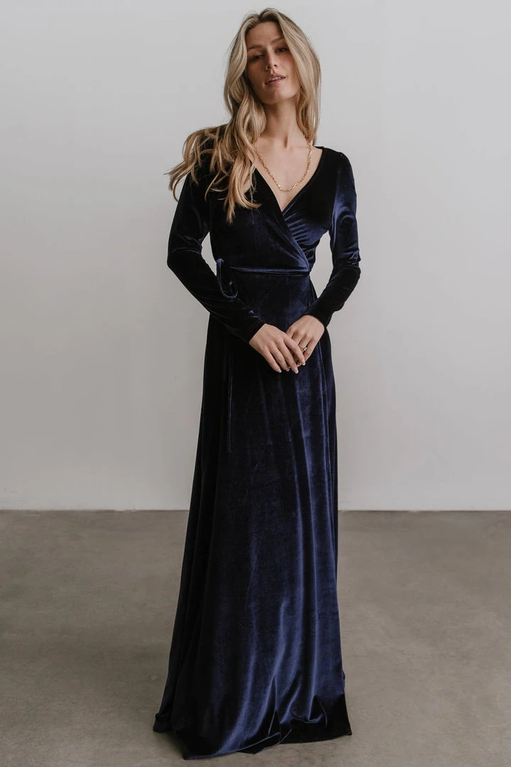 BB Custom Esmerelda Velvet Wrap Maxi Dress | Navy 2 BB Custom Esmerelda Velvet Wrap Maxi Dress | Navy