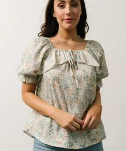 POL Estonia Square Neck Top | Cream + Sage Multi Floral Tops