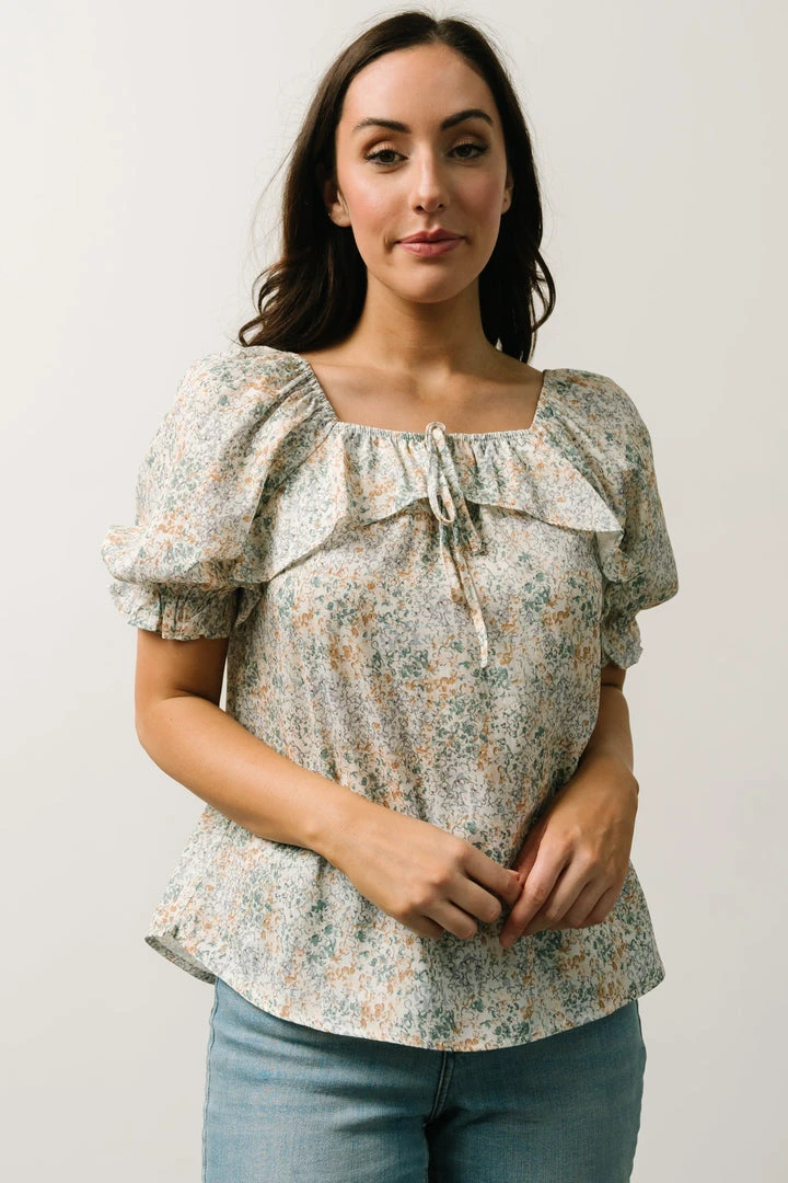 POL Estonia Square Neck Top | Cream + Sage Multi Floral Tops 1 POL Estonia Square Neck Top | Cream + Sage Multi Floral Tops
