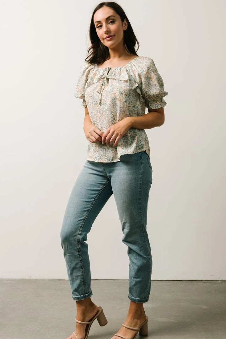 POL Estonia Square Neck Top | Cream + Sage Multi Floral Tops 2 POL Estonia Square Neck Top | Cream + Sage Multi Floral Tops