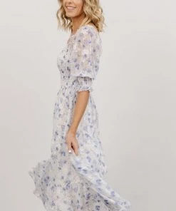 BB Custom Dresses Fabian Jacquard Midi Dress | Blue Floral
