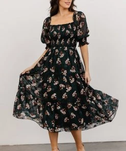 BB Custom Dresses Fabian Jacquard Midi Dress | Dark Green Floral