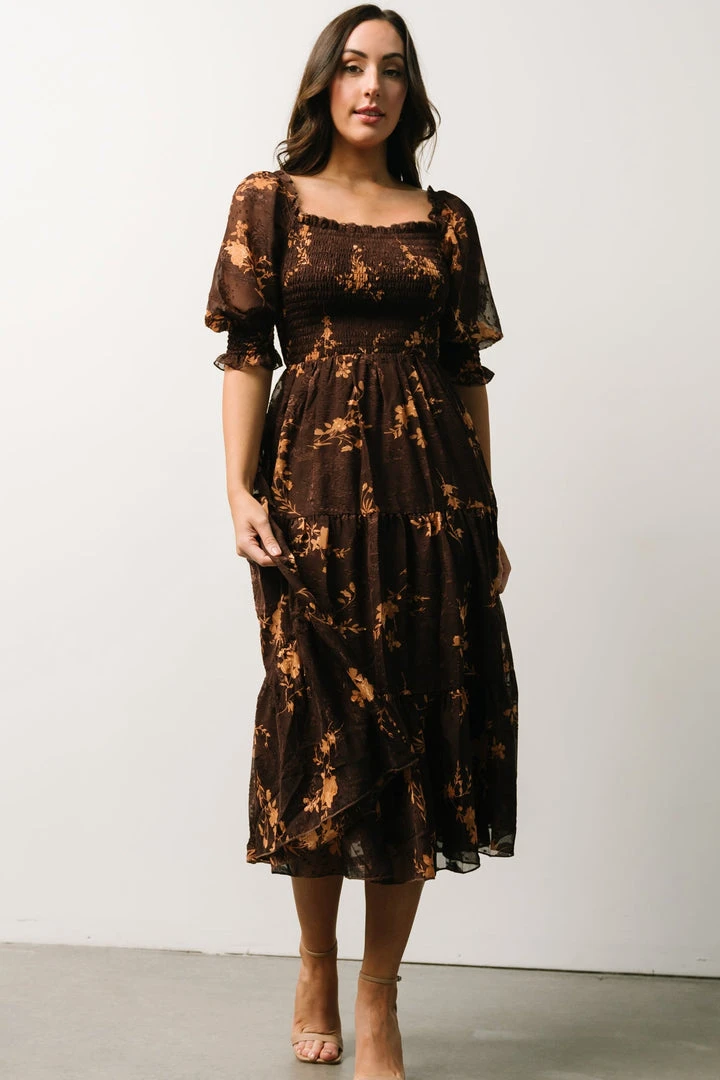 BB Custom Dresses Fabian Jacquard Midi Dress | Mahogany Floral BB Custom Dresses Fabian Jacquard Midi Dress | Mahogany Floral