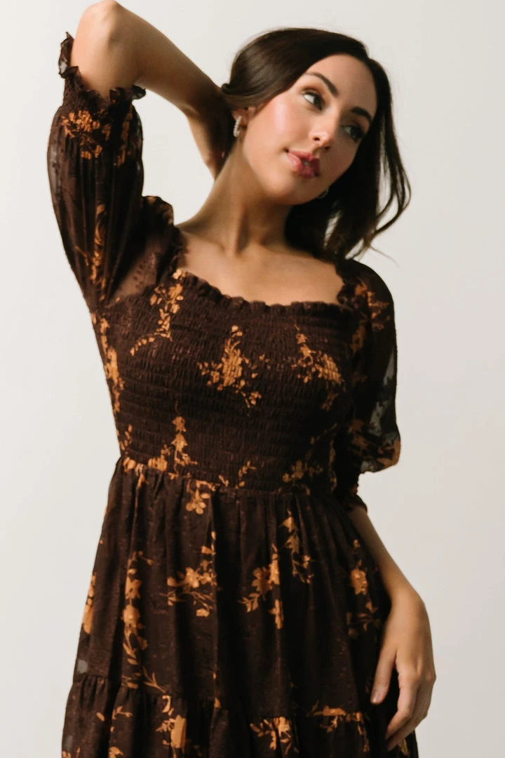 BB Custom Dresses Fabian Jacquard Midi Dress | Mahogany Floral BB Custom Dresses Fabian Jacquard Midi Dress | Mahogany Floral