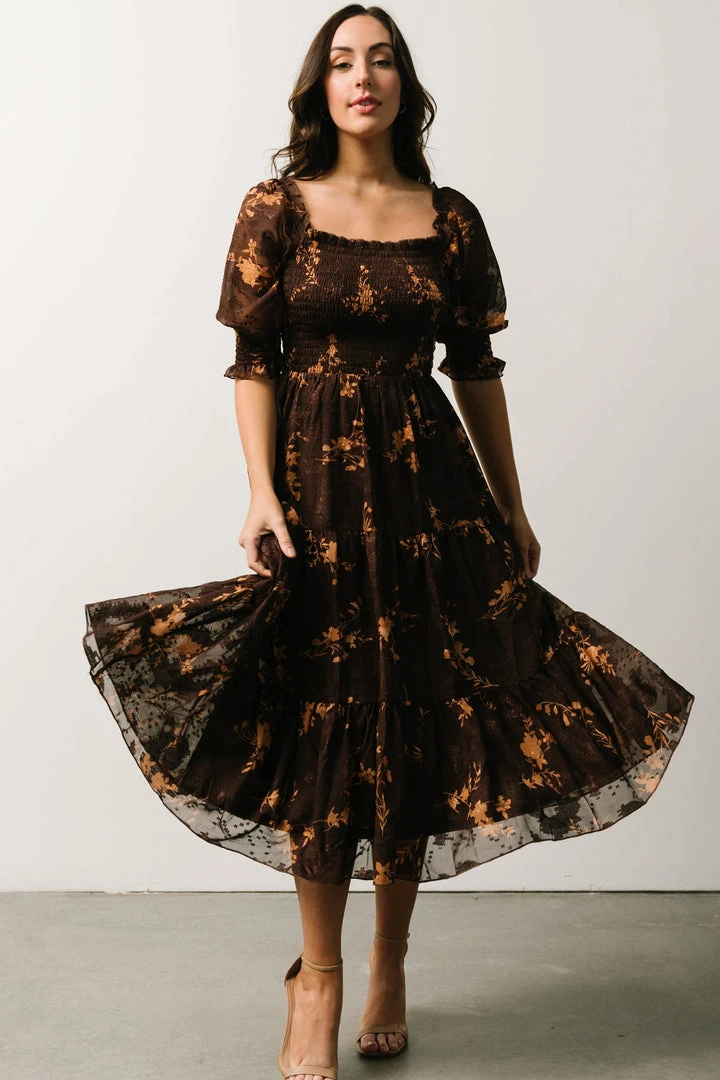 BB Custom Dresses Fabian Jacquard Midi Dress | Mahogany Floral BB Custom Dresses Fabian Jacquard Midi Dress | Mahogany Floral