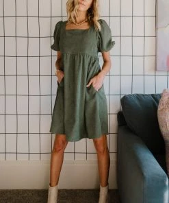 POL Felipa Corduroy Mini Dress | Dusty Green Dresses