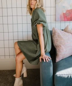 POL Felipa Corduroy Mini Dress | Dusty Green Dresses