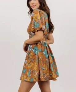 FT Dresses Finland Balloon Sleeve Mini Dress | Camel Floral