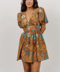 FT Dresses Finland Balloon Sleeve Mini Dress | Camel Floral